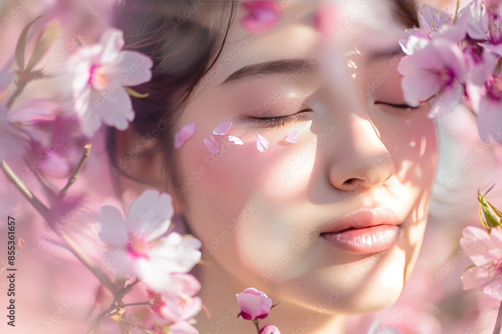 Serene Blossoms: A Close-up Portrait of a Woman Amidst Spring Cherry Blossom Trees Serene Blossoms: A Close-up Portrait of a Woman Amidst Spring Cherry Blossom Trees