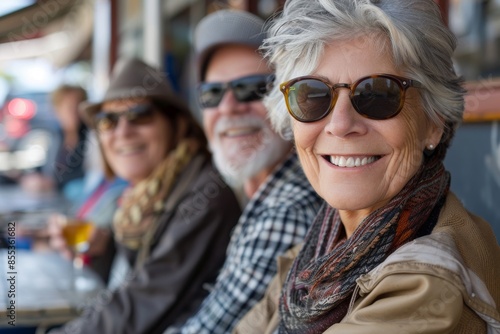 Portrait of happy senior woman in sunglasses with friends in background. © Asier