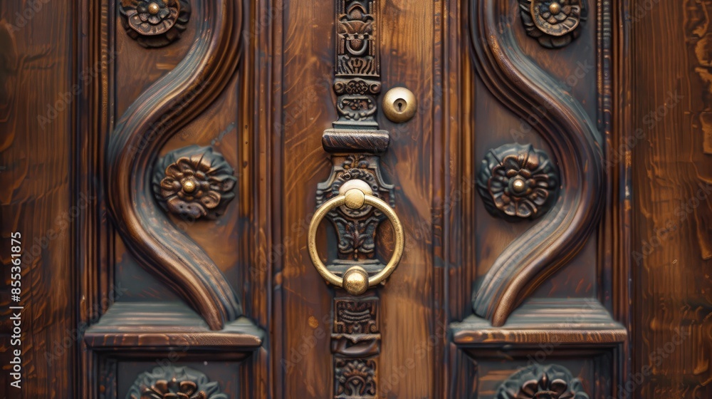 Close-up of a classic wooden front door with intricate carvings and a brass knocker Close-up of a classic wooden front door with intricate carvings and a brass knocker