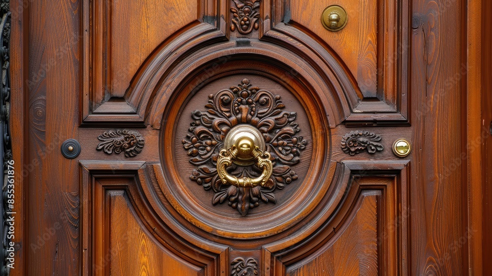 Close-up of a classic wooden front door with intricate carvings and a brass knocker Close-up of a classic wooden front door with intricate carvings and a brass knocker