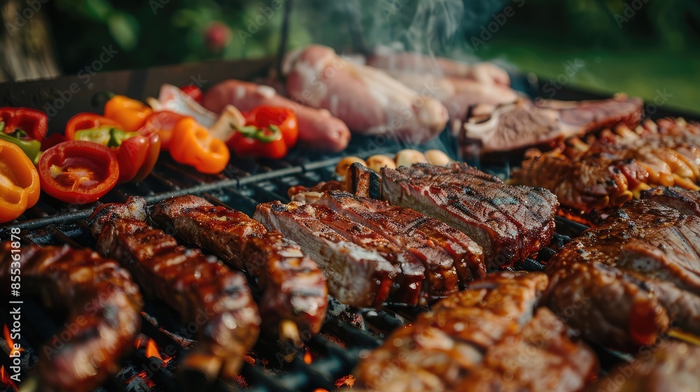 Close-up of a communal barbecue feast with friends and family, featuring different types of meat Close-up of a communal barbecue feast with friends and family, featuring different types of meat