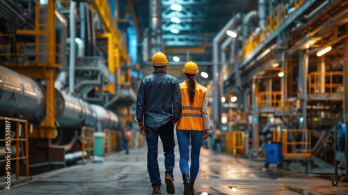 Two industrial workers wearing safety gear walking through a large, illuminated factory, showcasing industry and teamwork.