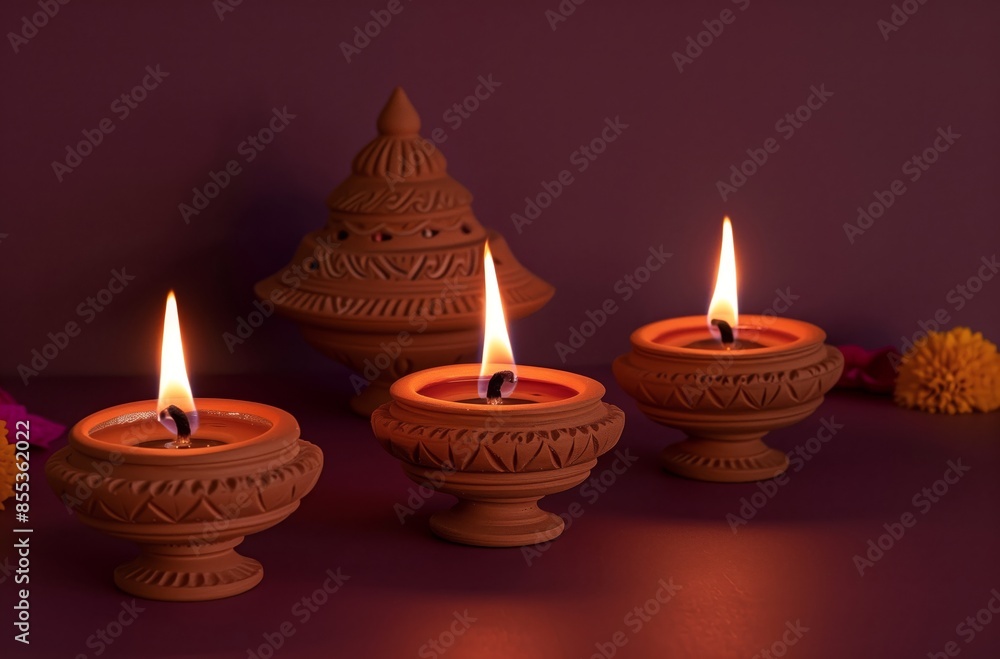 Clay Diyas lamps, neatly lined up along the bottom of the picture Clay Diyas lamps, neatly lined up along the bottom of the picture