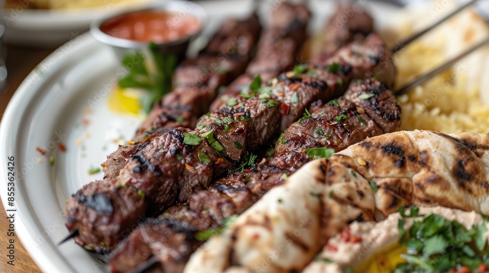 Close-up of a plate of Middle Eastern lamb kebabs with sides of hummus and pita bread Close-up of a plate of Middle Eastern lamb kebabs with sides of hummus and pita bread