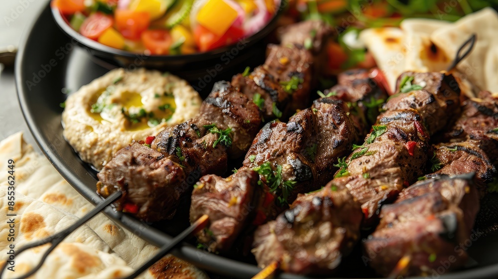 Close-up of a plate of Middle Eastern lamb kebabs with sides of hummus and pita bread Close-up of a plate of Middle Eastern lamb kebabs with sides of hummus and pita bread
