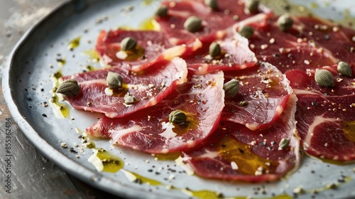 Fototapeta Naklejka Na Ścianę i Meble -  Close-up of a plate of ostrich meat carpaccio with capers and a drizzle of olive oil