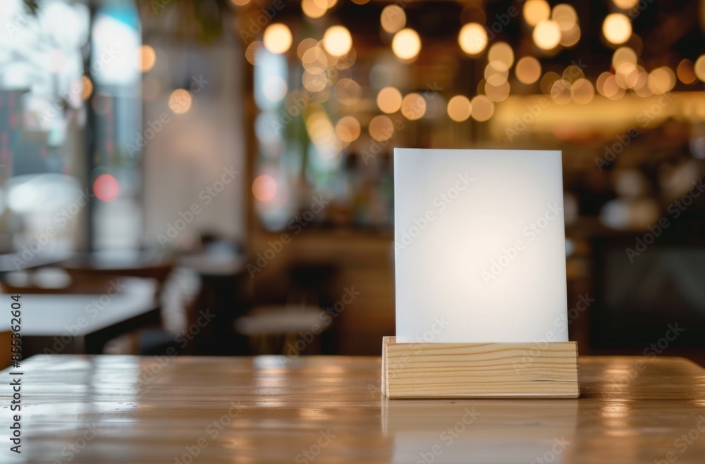 Empty White Menu mockup Holder on Restaurant Table with Bokeh Background Empty White Menu mockup Holder on Restaurant Table with Bokeh Background