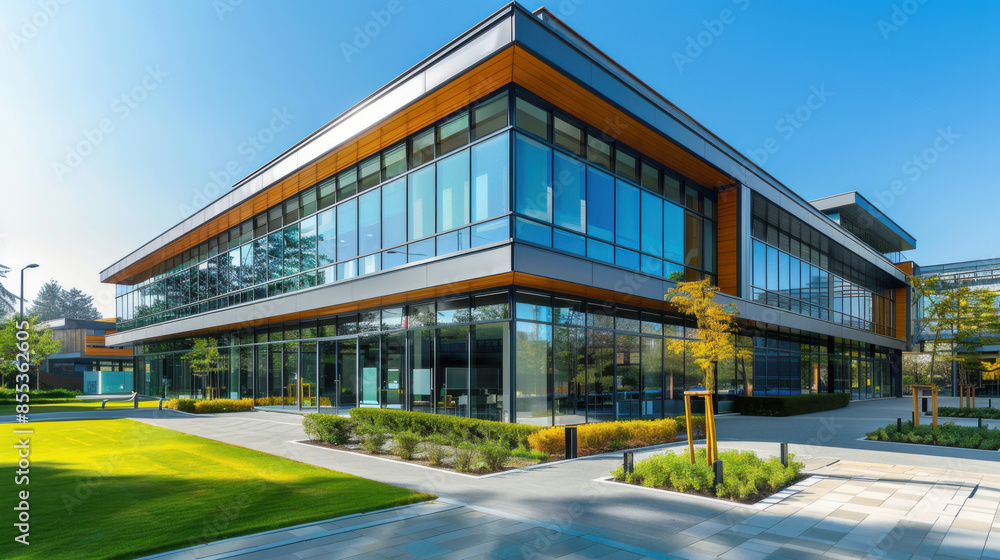 Contemporary office building featuring a sleek glass facade, surrounded by a landscaped exterior and clear blue sky. Contemporary office building featuring a sleek glass facade, surrounded by a landscaped exterior and clear blue sky.