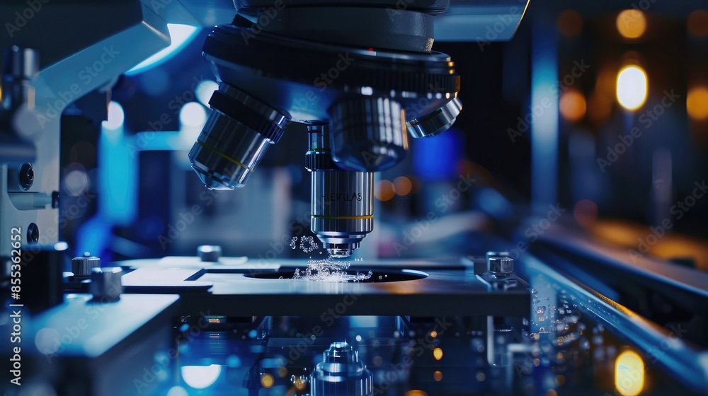 Close-up of an AI-powered microscope, capturing and analyzing scientific samples in real-time Close-up of an AI-powered microscope, capturing and analyzing scientific samples in real-time