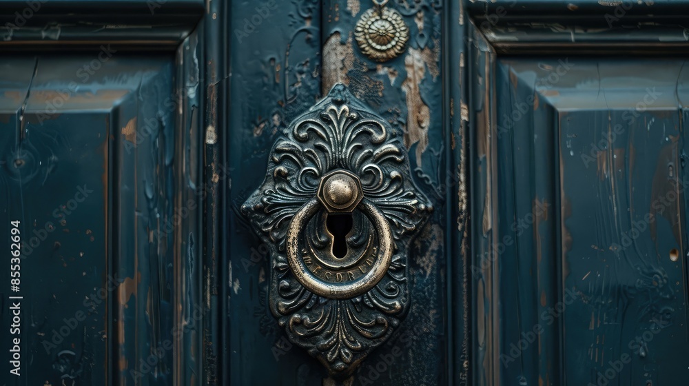 Close-up of an ornate door handle and keyhole on a historic mansion's front door Close-up of an ornate door handle and keyhole on a historic mansion's front door