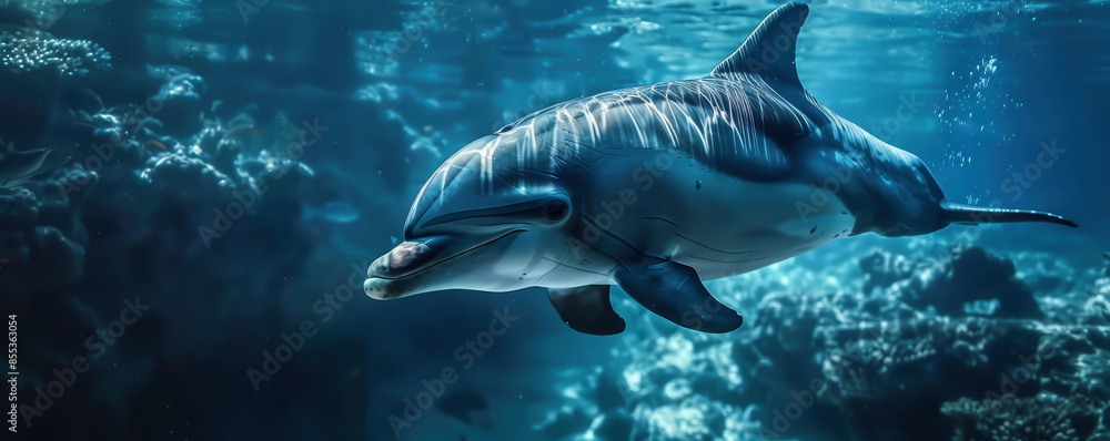 Fototapeta premium Dolphin swimming underwater under sea life with sunbeams
