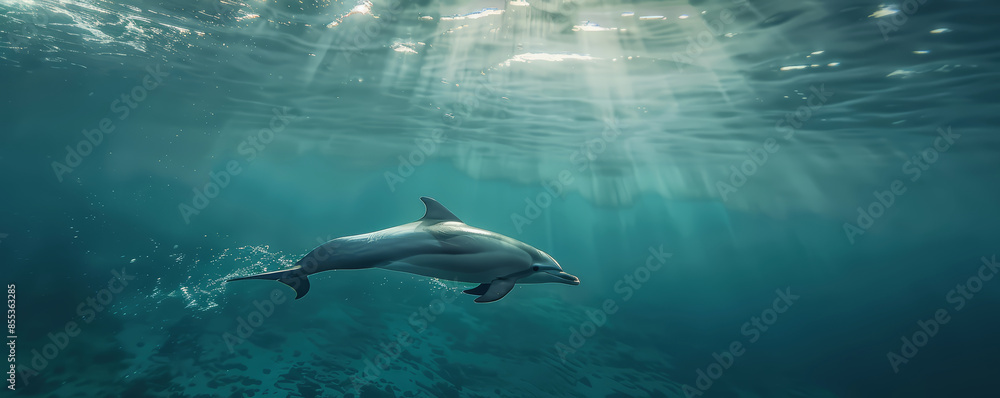 Dolphin swimming underwater under sea life with sunbeams Dolphin swimming underwater under sea life with sunbeams