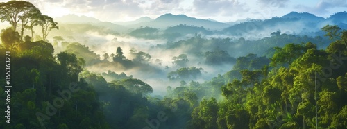 A panoramic view of the Amazon rainforest, with mist rising from its dense canopy and mountains in the background. photo
