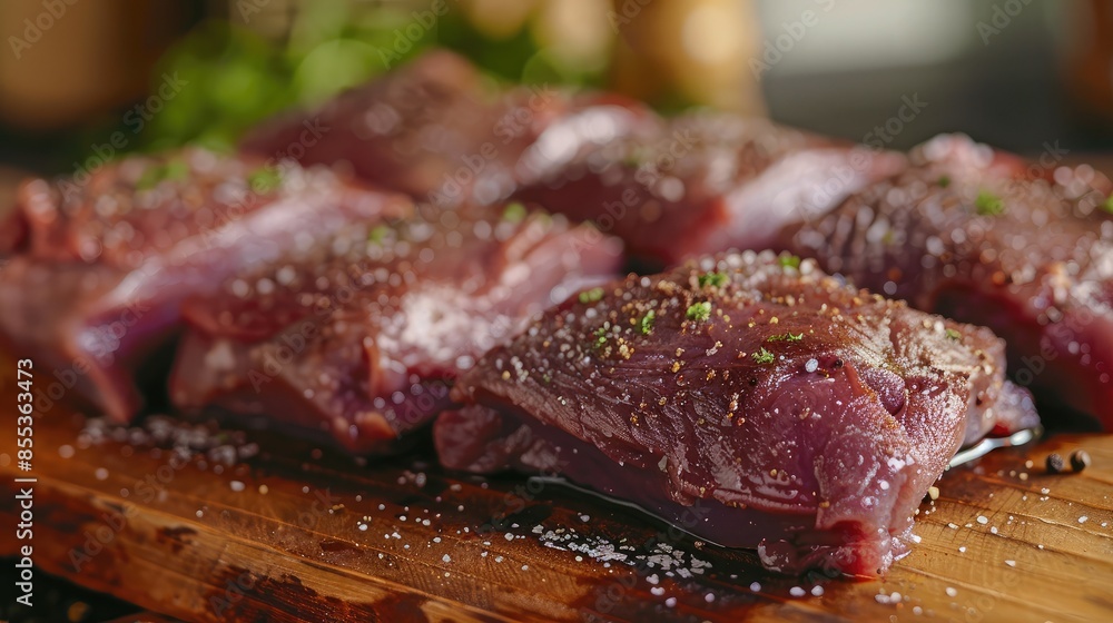 Close-up of raw ostrich fillets on a wooden board, ready to be seasoned and cooked Close-up of raw ostrich fillets on a wooden board, ready to be seasoned and cooked