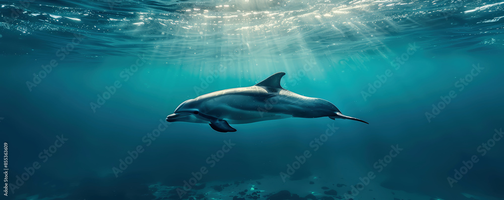 Obraz premium Dolphin swimming underwater under sea life with sunbeams