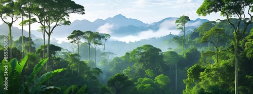 A panoramic view of the Amazon rainforest, with mist rising from its dense canopy and mountains in the background.