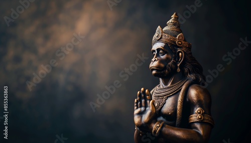 Statue of the god Hanuman in a pose of reverence on an empty background