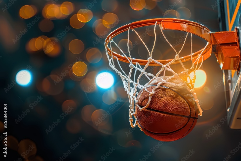 Action shot with a basketball caught in the net with a bokeh and glowing orange background Action shot with a basketball caught in the net with a bokeh and glowing orange background