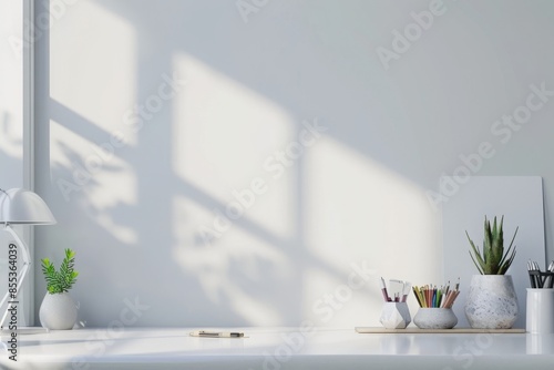 Front view desk with workplace, office supplies, and copy area against white wall. Generative AI