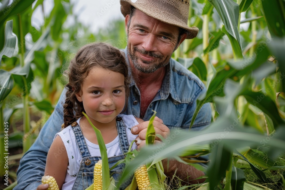 Fototapeta premium Farmer with child sharing a moment holding fresh corn in a field
