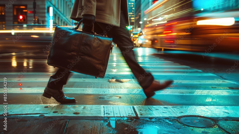 Fototapeta premium Side view of a person with a briefcase walking briskly on a downtown sidewalk during rush hour