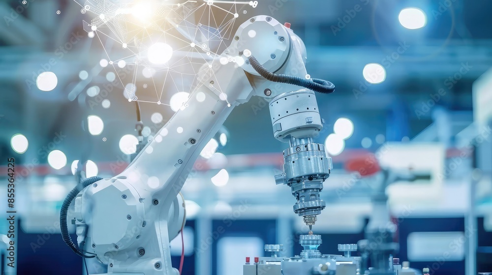 Side view of a robotic arm in a manufacturing plant, connected to a data exchange network with deep learning algorithms optimizing its movements Side view of a robotic arm in a manufacturing plant, connected to a data exchange network with deep learning algorithms optimizing its movements