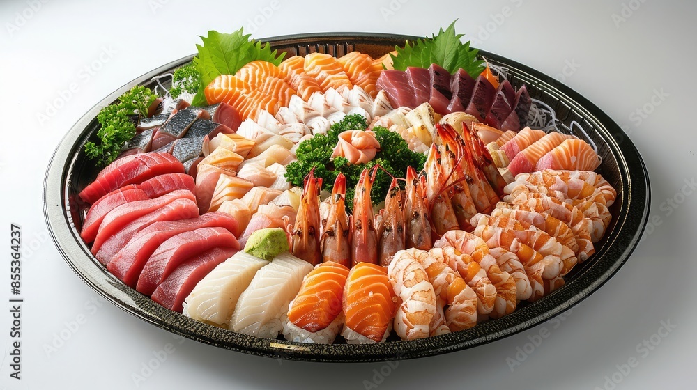 Side view of a seafood platter with various types of fish meat, including shrimp, salmon, and tuna Side view of a seafood platter with various types of fish meat, including shrimp, salmon, and tuna