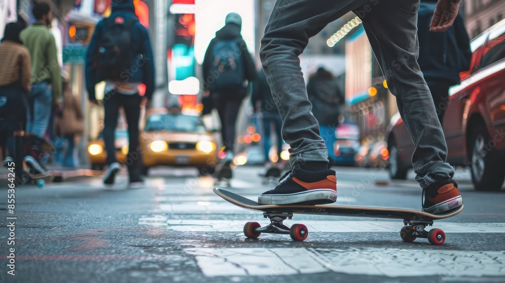 Side view of a skateboarder riding along the edge of a busy sidewalk Side view of a skateboarder riding along the edge of a busy sidewalk