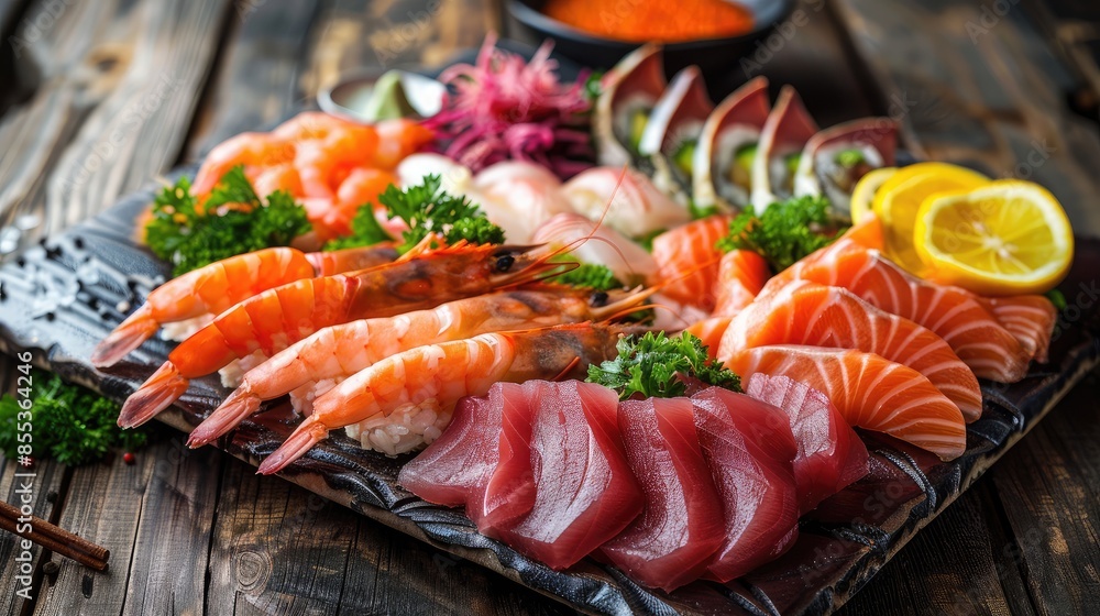 Side view of a seafood platter with various types of fish meat, including shrimp, salmon, and tuna Side view of a seafood platter with various types of fish meat, including shrimp, salmon, and tuna