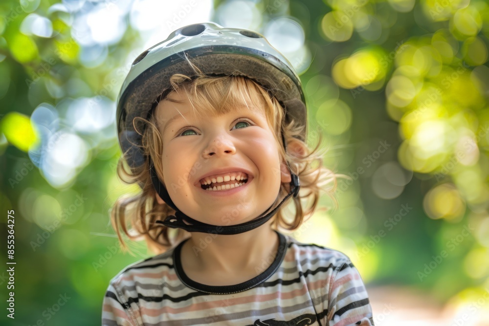 Joyful Young Boy on Bicycle, Smiling Outdoors Joyful Young Boy on Bicycle, Smiling Outdoors