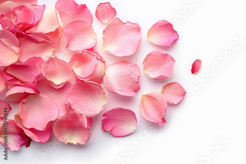 Beautifully spread pink rose petals on a white background depict romance and soft elegance