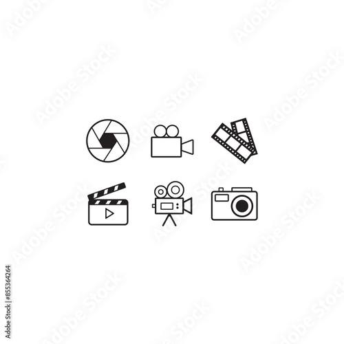 Photography symbol. Camera icons, clapperboard, ribbon and camera lens.