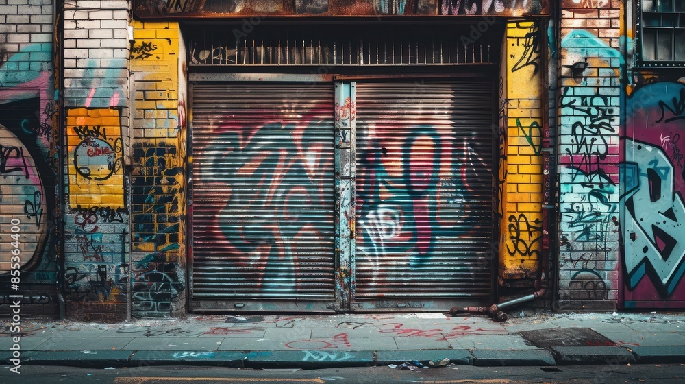 Fototapeta premium Side view of an industrial metal door in an urban setting, with graffiti and street art around it