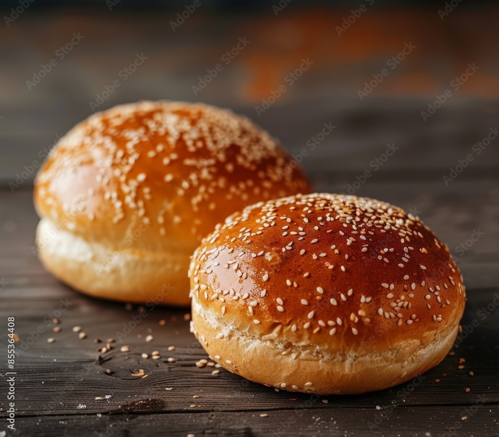 Delicious Handmade Sesame Buns on Wooden Tabletop Delicious Handmade Sesame Buns on Wooden Tabletop