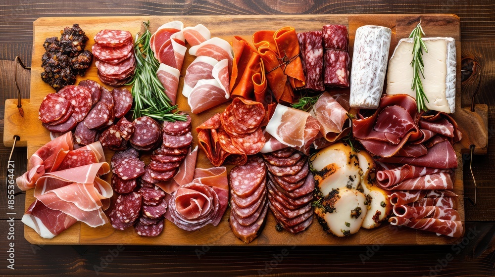 Top-down view of a charcuterie board featuring a variety of cured meats, including beef, pork, and lamb Top-down view of a charcuterie board featuring a variety of cured meats, including beef, pork, and lamb