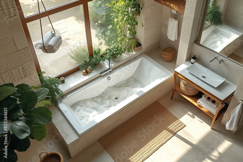 Top view of light bathroom interior with bathtub, sink and panoramic window