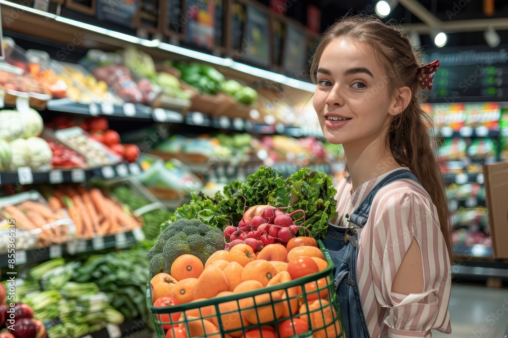 Smiling young woman shops for fresh vegetables in a grocery store with a variety of produce in her basket Smiling young woman shops for fresh vegetables in a grocery store with a variety of produce in her basket
