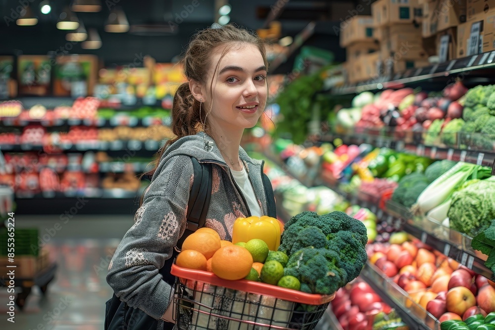Joyful lady carrying a grocery basket with a selection of fresh vegetables in a vibrant supermarket Joyful lady carrying a grocery basket with a selection of fresh vegetables in a vibrant supermarket
