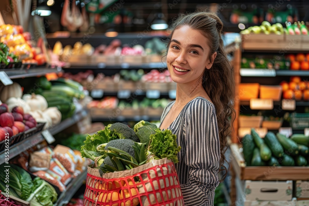 A woman smiles holding a basket of fresh vegetables in a grocery store A woman smiles holding a basket of fresh vegetables in a grocery store