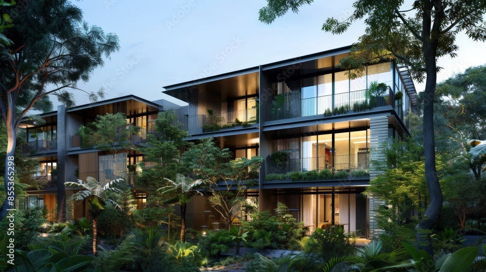 Eco-Friendly Contemporary House with Solar Panels, Glass Railings, and Landscaped Yard Eco-Friendly Contemporary House with Solar Panels, Glass Railings, and Landscaped Yard