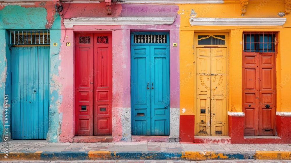 Wide-angle shot of a colorful row of doors on a vibrant street, each painted a different color Wide-angle shot of a colorful row of doors on a vibrant street, each painted a different color