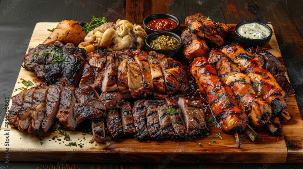 Wide-angle shot of a mixed grill platter with chicken, pork, beef, and lamb on a large serving board Wide-angle shot of a mixed grill platter with chicken, pork, beef, and lamb on a large serving board