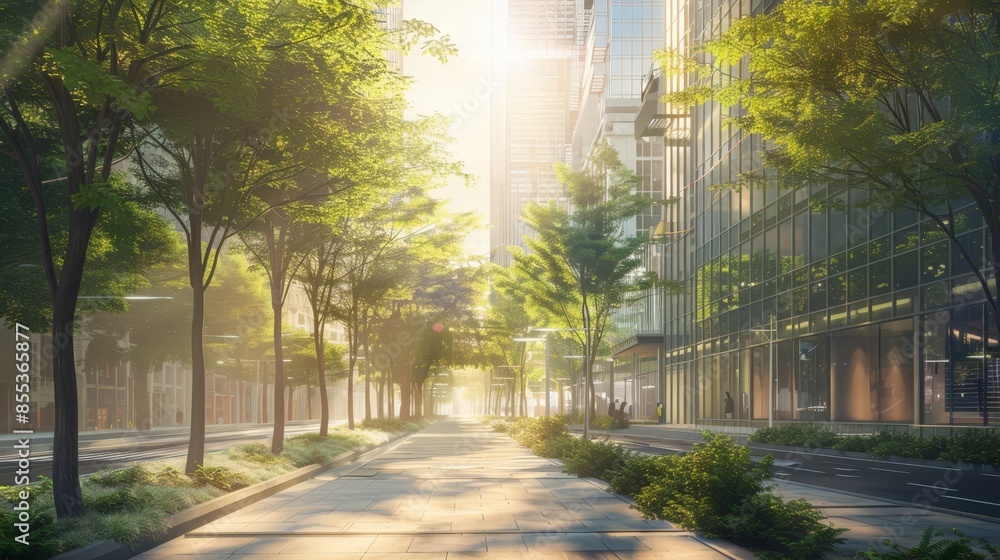 Obraz premium Sunlit City Street, Green Trees, Modern Buildings, Serene Atmosphere