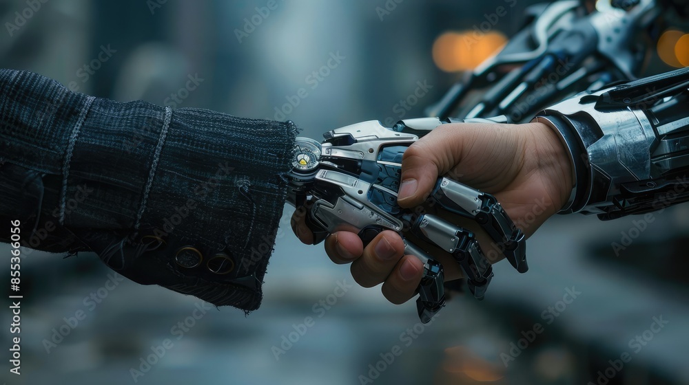 Wide-angle shot of a robot and human hand meeting in a handshake, symbolizing cooperation and partnership Wide-angle shot of a robot and human hand meeting in a handshake, symbolizing cooperation and partnership