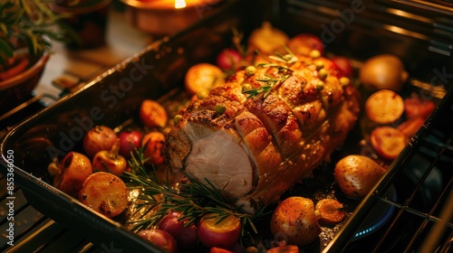 Wide-angle shot of a pork roast in the oven, surrounded by vegetables © buraratn
