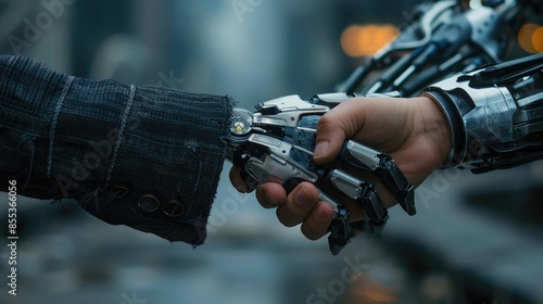 Wide-angle shot of a robot and human hand meeting in a handshake, symbolizing cooperation and partnership