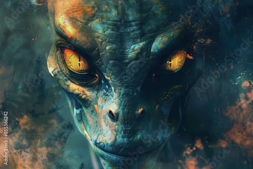reptilian alien portrait with glowing eyes conspiracy theory concept digital painting photo