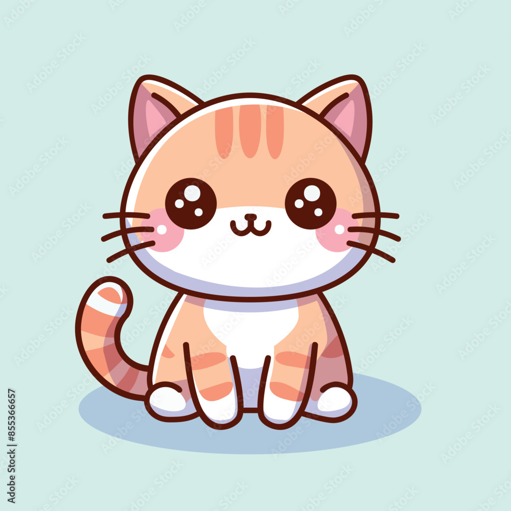 Delightful kawaii c atwith a wide smile, large ears, and blushing cheeks. The cat is illustrated in a cute, playful cartoon style on a soft blue background. Delightful kawaii c atwith a wide smile, large ears, and blushing cheeks. The cat is illustrated in a cute, playful cartoon style on a soft blue background.