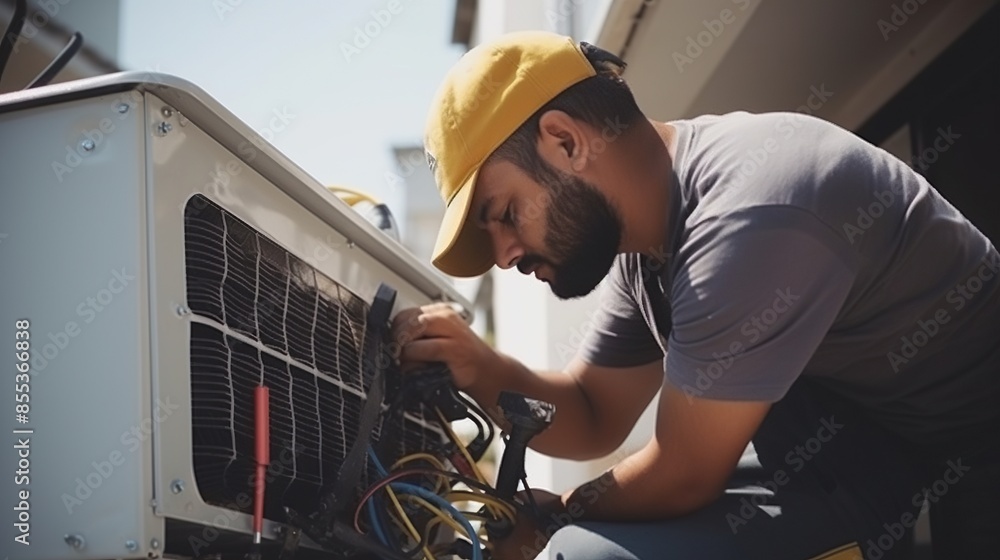 AC Repairman Examining Air Conditioner AC Repairman Examining Air Conditioner
