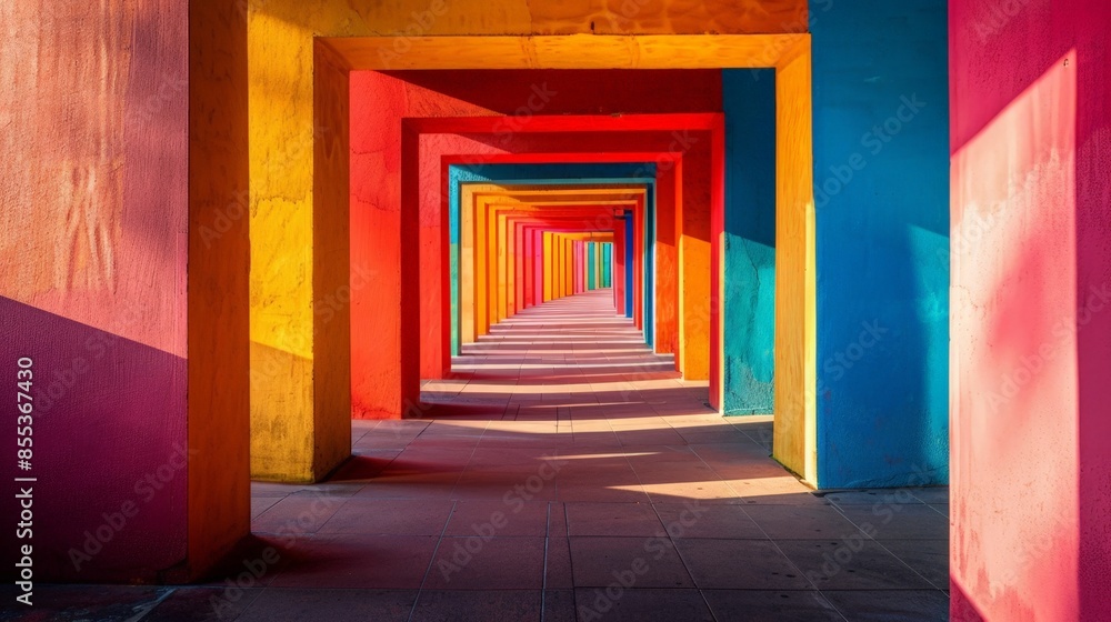Fototapeta premium Colorful Walkway: Vibrant Perspective with Rainbow Pillars in a Modern Architectural Setting